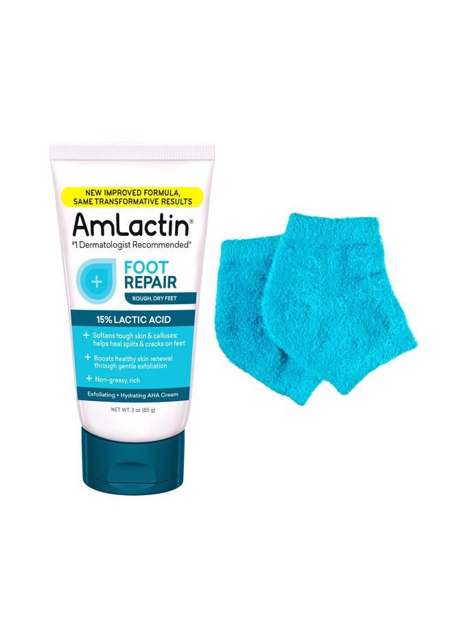 AmLactin Foot Repair Cream with Moisturizing Socks - Therapeutic Foot Cream for Dry Cracked Heels and Feet - No-Scrub Exfoliator and Moisturizer with 15% Lactic Acid AHA - 3 oz (Packaging May Vary)​ - Image 1