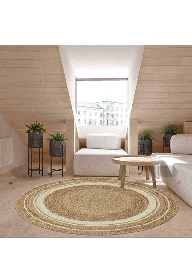 LINGWEI Natural Round Jute Rug Carpet with White Line Handmade Braided Jute Carpet For Living room Bedroom Hand Wooven Seagrass Natural Jute Roll Carpet - Image 1