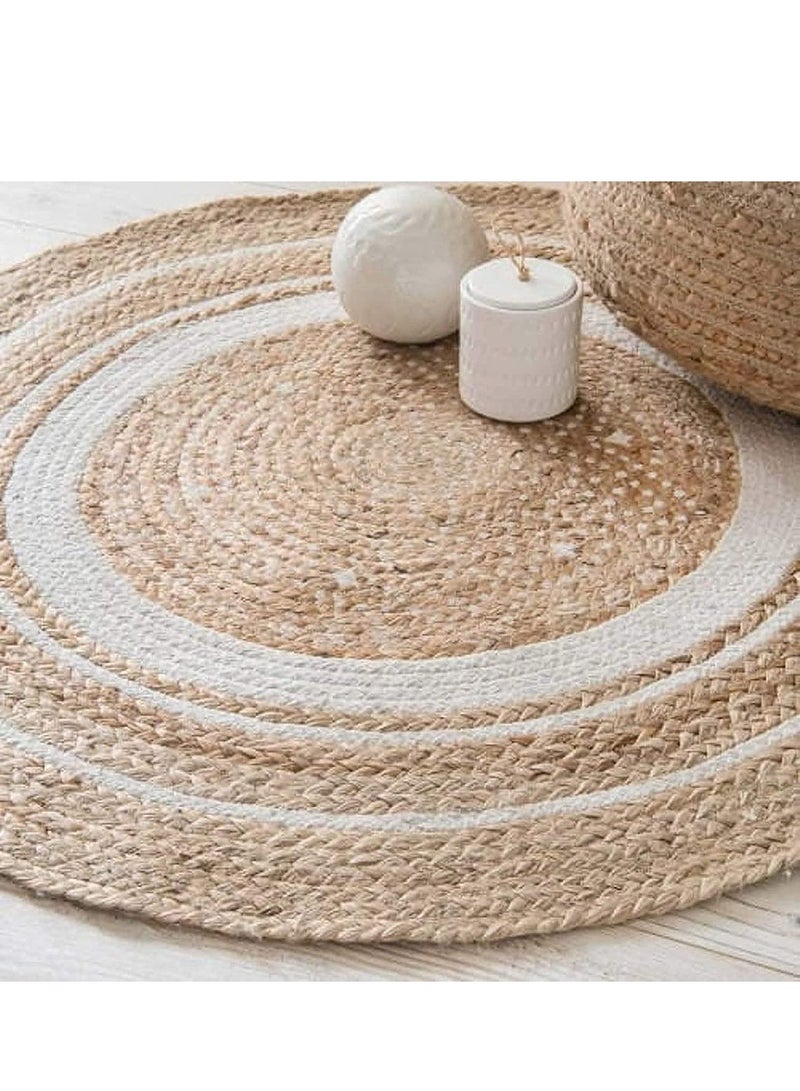 LINGWEI Natural Round Jute Rug Carpet with White Line Handmade Braided Jute Carpet For Living room Bedroom Hand Wooven Seagrass Natural Jute Roll Carpet - Image 2