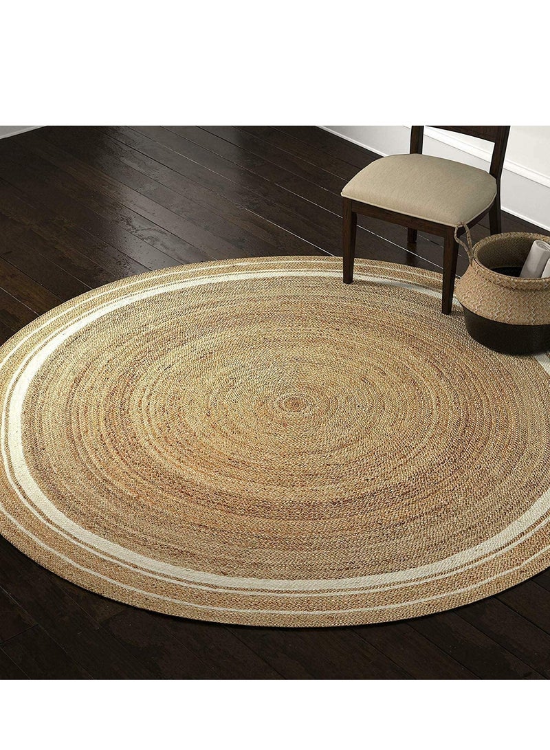 LINGWEI Natural Round Jute Rug Carpet with White Line Handmade Braided Jute Carpet For Living room Bedroom Hand Wooven Seagrass Natural Jute Roll Carpet - Image 3
