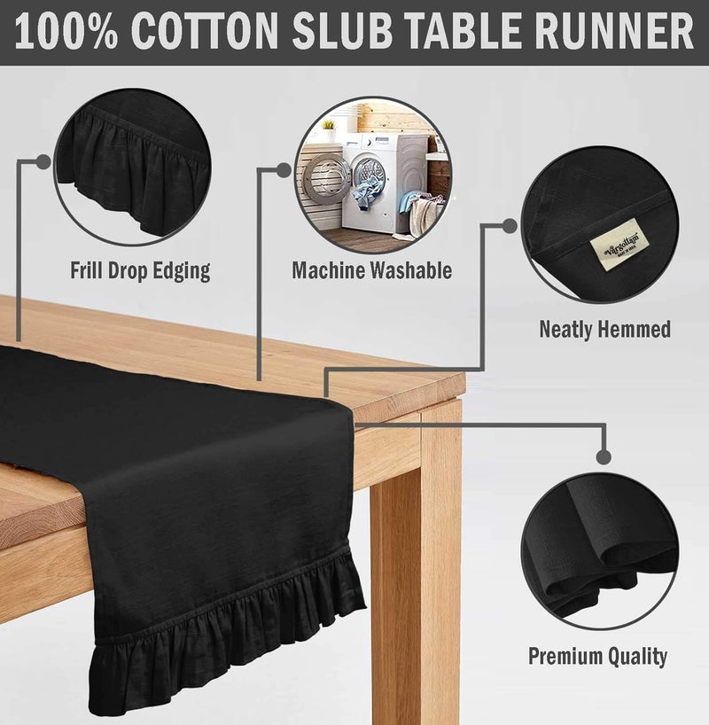 Vargottam Black Home Decor Cotton Slub Fabric Frill Table Runner Table Decor-14 x 108 Inch - Image 4