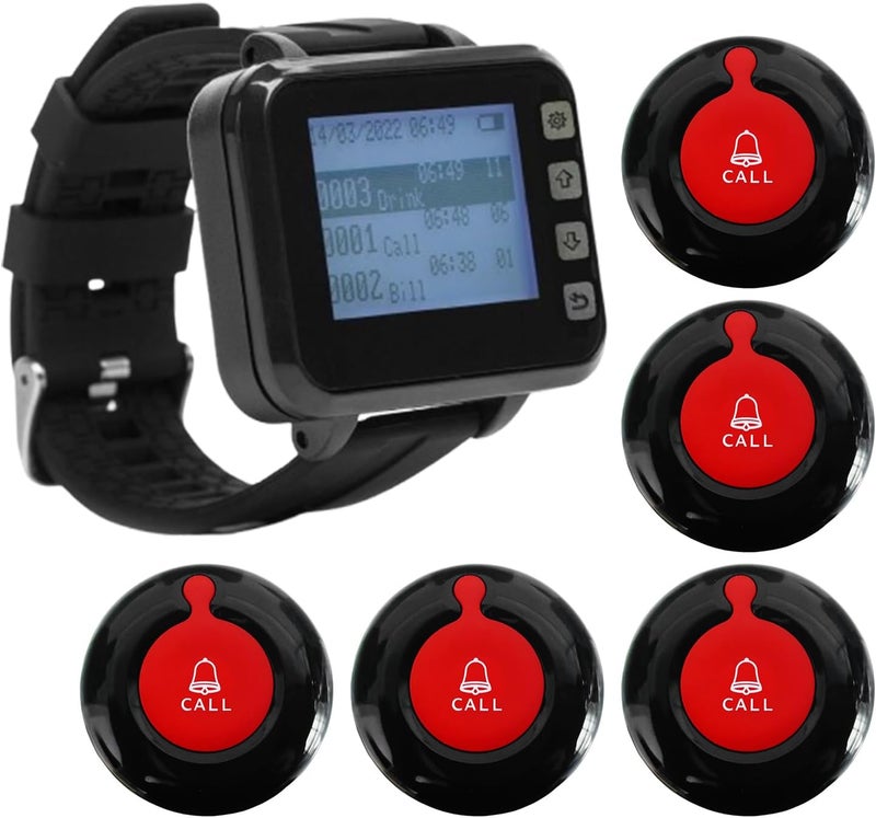 Caregiver Pager Wireless Calling System Vibration Sound Alarm Service for Hospital Clinic Nursing Home Restaurant 1 Wrist Watch Pager and 5 Call Button for Elderly Patients Seniors Customer - Image 1