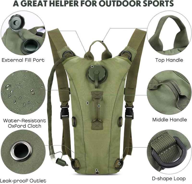 Optifit ® Trekking Hydration Backpack with 3L Water Bladder for Men Women Kids Professional Waterproof Tactical Bag for Hiking Biking Running Walking BPA Free Army Green 3PCS - Image 2