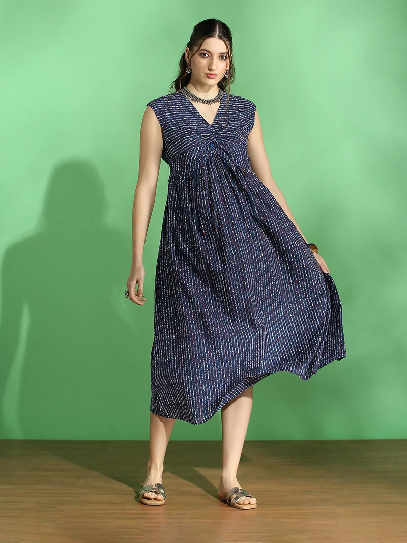 جلو باص فستان ميدي نسائي مخطط أزرق داكن بياقة  ملتفة وأكمام ممتدة وتنورة منفوشة