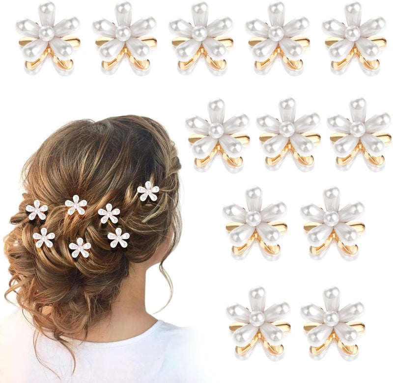 12 Pcs Flower Pearl Hair Clips Bridal Hair Accessories With Daisy Aesthetic Small Claw Barrettes Tiny Metal Bangs Clips for Girls and Womens Straight Curly Hair