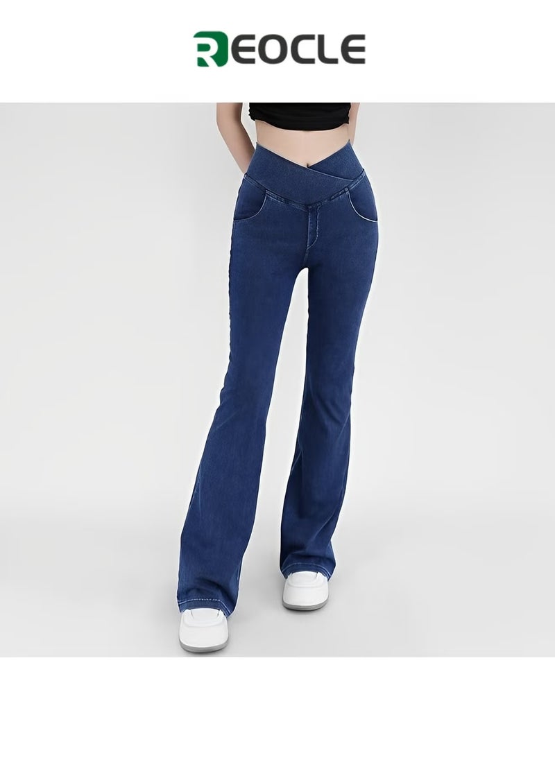 REOCLE Women's Bell Bottom Jeans High Waisted Stretchy Flare Jeans Pull On Tummy Control Flare Pants with Pockets Classic Denim Pants  - Image 1