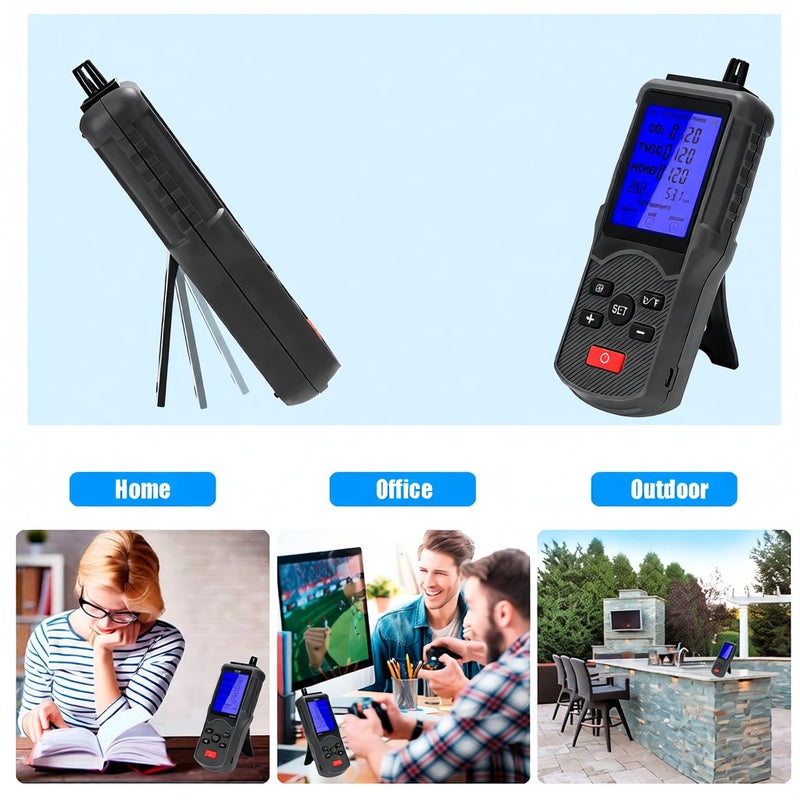 مقياس جودة الهواء متعدد الوظائف: جهاز فحص جودة الهواء بطارية ليثيوم 1800mAh عالية الدقة وشاشة LCD كبيرة - مقياس ثاني أكسيد الكربون (CO2) ومواد العضوية المتطايرة المركبة (TVOC) والفورمالديهايد (HCHO) ذو قدرة مقاومة للتشويش لمراقبة البيئة الداخلية - Image 3