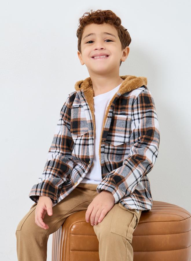 Styli Boys Brown Checked Faux Fur-Lined Jacket - Image 1