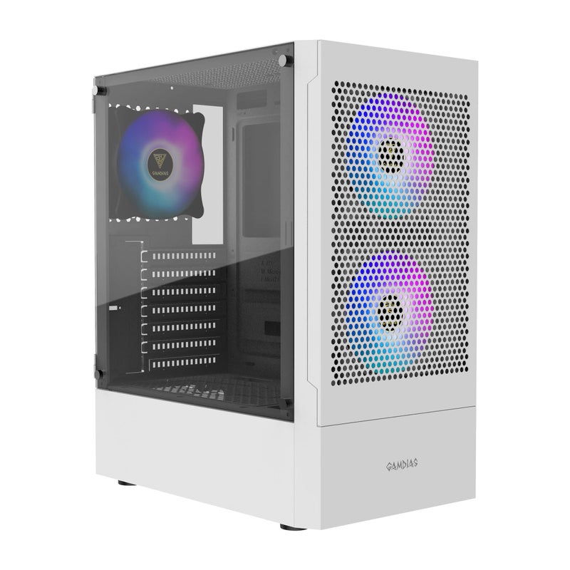 GAMDIAS صندوق كمبيوتر ألعاب GAMDIAS الأبيض RGB ATX متوسط البرج مع زجاج مقسى جانبي وتصميم ممتاز لتدفق الهواء و 3 مراوح ARGB مدمجة بحجم 120 مم - Image 1