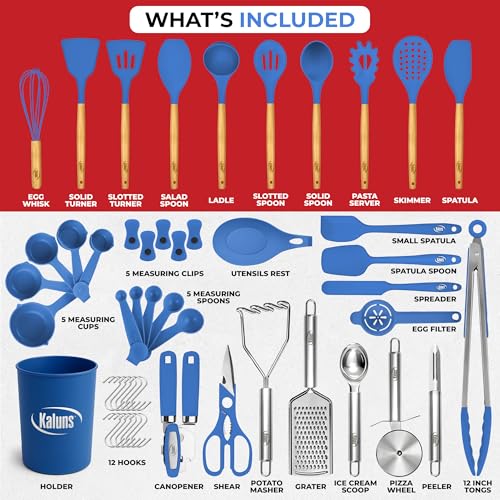 Kaluns 50 PCS Silicone Kitchen Utensils Set Complete Kitchen Set - 800°F Heat Resistant Non-Stick Premium Cooking Utensils W Wooden Handles - Can Opener, Masher, Turner, Silicone Spatula Set - Image 3