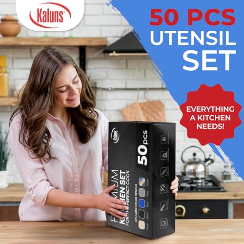 Kaluns 50 PCS Silicone Kitchen Utensils Set Complete Kitchen Set - 800°F Heat Resistant Non-Stick Premium Cooking Utensils W Wooden Handles - Can Opener, Masher, Turner, Silicone Spatula Set - Image 4