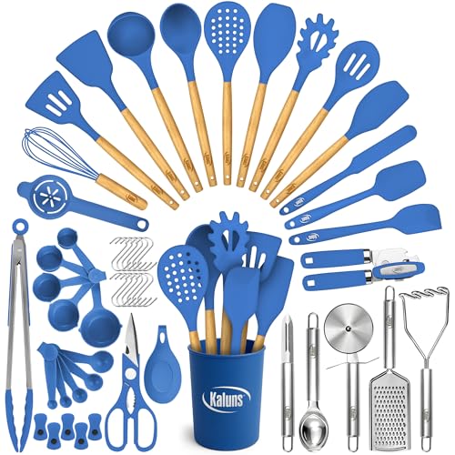 Kaluns 50 PCS Silicone Kitchen Utensils Set Complete Kitchen Set - 800°F Heat Resistant Non-Stick Premium Cooking Utensils W Wooden Handles - Can Opener, Masher, Turner, Silicone Spatula Set - Image 1