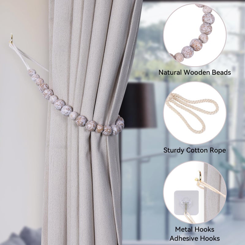 KLOGTSIND Wood Bead Curtain Tiebacks, KLOGTSIND Set of 2 Curtain Holdbacks for Thin or Thick Window Draperies, Boho Farmhouse Curtain Tiebacks with Hooks, Curtain Tie Backs for Home Office Room Decor - Image 5