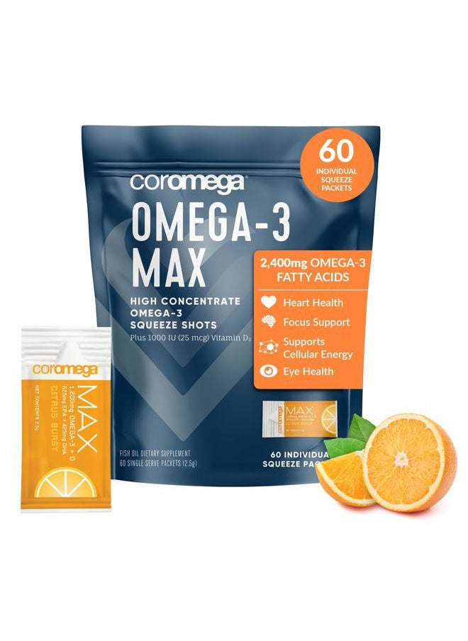 Coromega MAX 2400mg Omega-3 Fish Oil + Vitamin D Squeeze Packets, Wild-Caught, No Fishy Taste - 3X Better Absorption Than Softgels, Supports Brain & Heart Health (30 Servings, Citrus Burst)  - Image 1