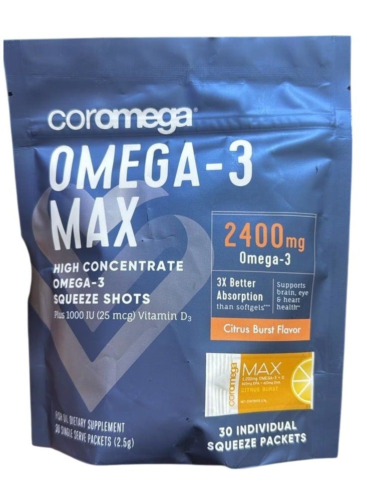 Coromega MAX 2400mg Omega-3 Fish Oil + Vitamin D Squeeze Packets, Wild-Caught, No Fishy Taste - 3X Better Absorption Than Softgels, Supports Brain & Heart Health (30 Servings, Citrus Burst) - Image 1
