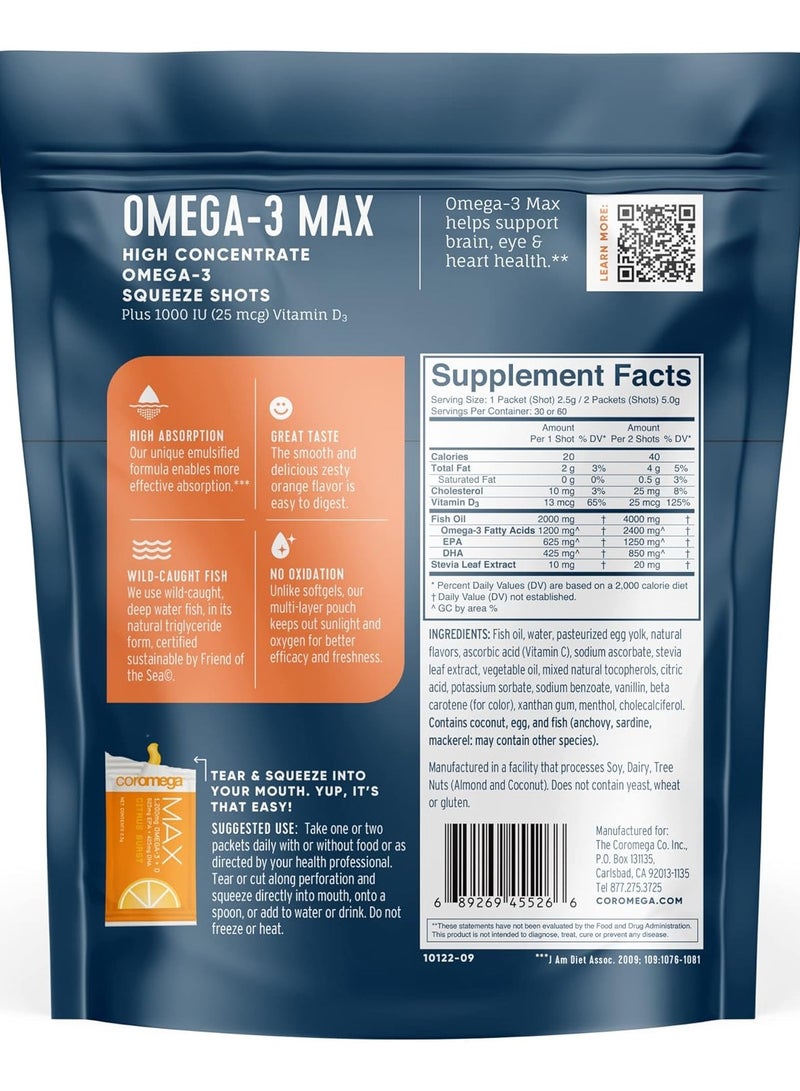 Coromega MAX 2400mg Omega-3 Fish Oil + Vitamin D Squeeze Packets, Wild-Caught, No Fishy Taste - 3X Better Absorption Than Softgels, Supports Brain & Heart Health (30 Servings, Citrus Burst) - Image 2