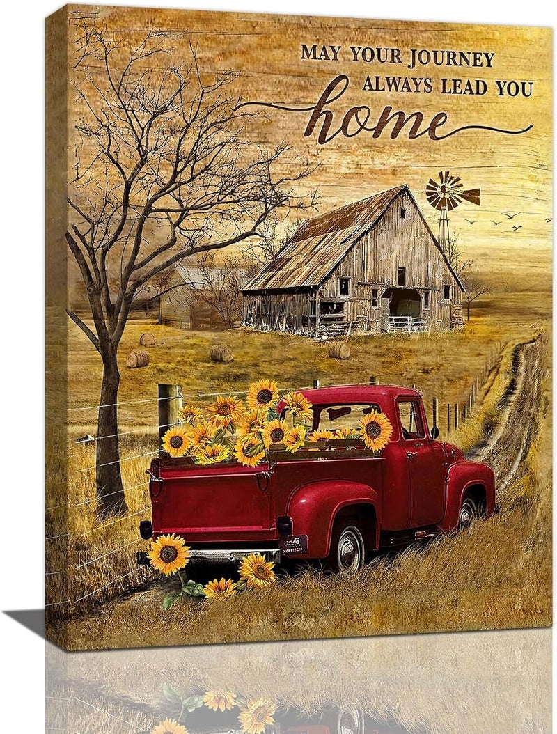 Fuzawet Farmhouse Red Truck Wall Art with Sunflowers - Image 1