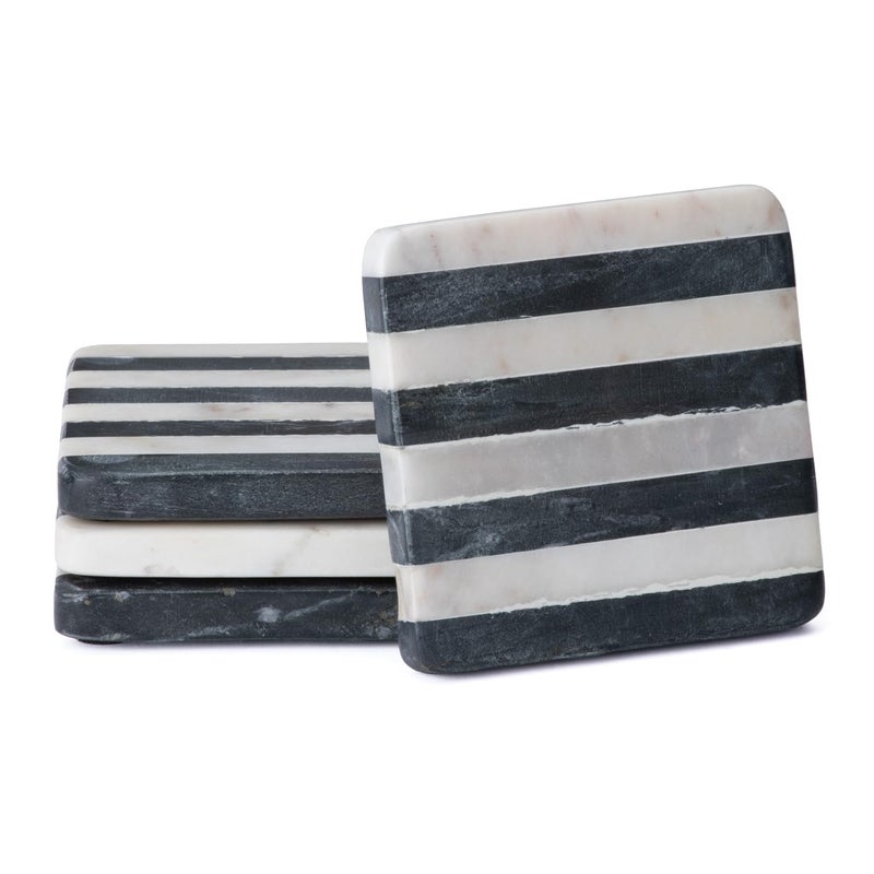 Thirstystone Marble Black  White Striped Coasters with Protective Cork Backing 4 Square Absorbent Artistic Elegant