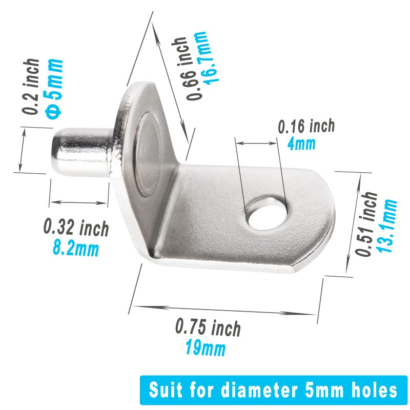 SDTWZW 5mm Shelf Pegs L-Shaped Cabinet Support Pins Bracket Style Clips for Bookcase Kitchen Closet Shelves Holders,16 PCS Nickel Plated Silver - Image 2