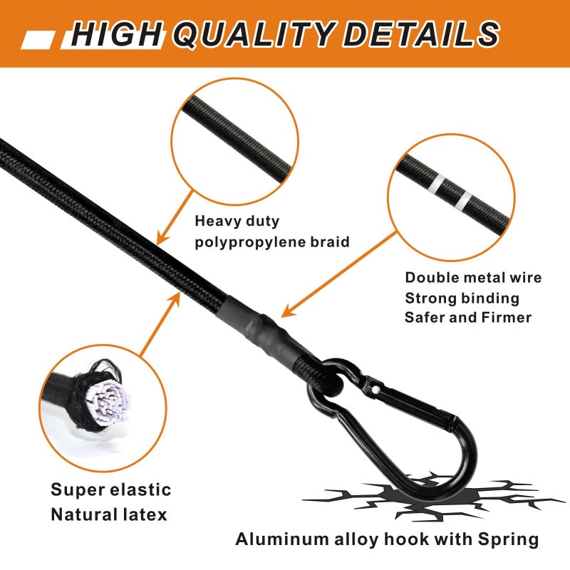 BEXSLE Bungee Cords with Carabiner Hooks Heavy Duty, Outdoor Black Bungee Straps, Strong Industrial Grade Elastic Bungee Rope for Securing Tarps, Luggage, Tentsï¼ŒBikes, 12in + 24in + 48inï¼Œ8pcs - Image 4