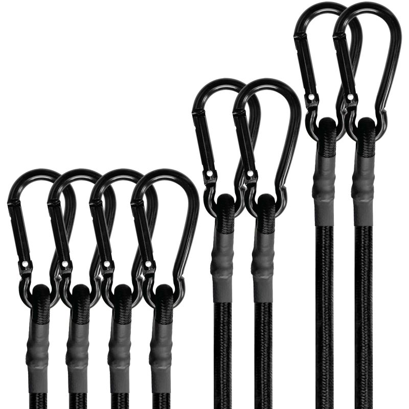 BEXSLE Bungee Cords with Carabiner Hooks Heavy Duty, Outdoor Black Bungee Straps, Strong Industrial Grade Elastic Bungee Rope for Securing Tarps, Luggage, Tentsï¼ŒBikes, 12in + 24in + 48inï¼Œ8pcs - Image 1