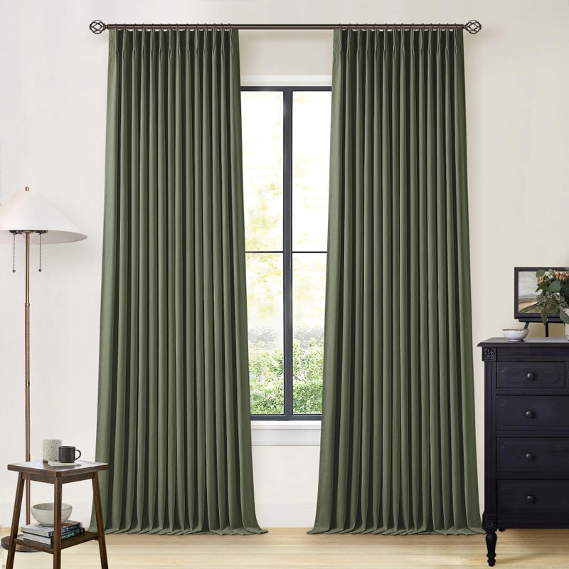 TWODRAPES Olive Green Pinch Pleated 100% Blackout Linen Bedroom Curtains 96 Inch Length Double Layer Pleat Curtains Ring Hooks Back Tab Black Out Room Darkening Drapes 96 Inches Long Living Room Dark Green - Image 1