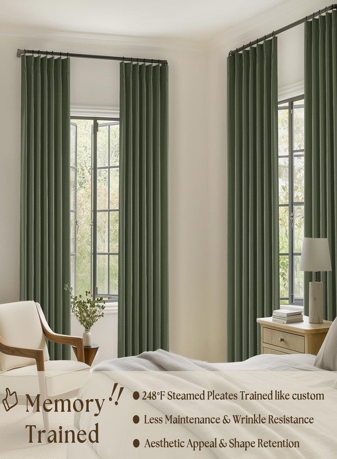 TWODRAPES Olive Green Pinch Pleated 100% Blackout Linen Bedroom Curtains 96 Inch Length Double Layer Pleat Curtains Ring Hooks Back Tab Black Out Room Darkening Drapes 96 Inches Long Living Room Dark Green - Image 2