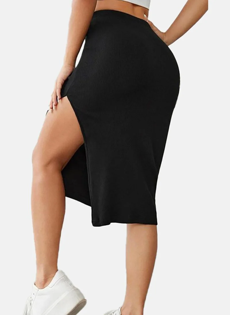 يونيكي Black Solid Slim Fit Midi Skirt