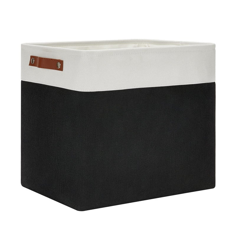 DULLEMELO Large Fabric Basket for Organizing 17x12x15 Storage Basket With Leather Handles Collapsible Storage Bin for Clothes Toys Books Office Bedroom Closet NurseryLaundry WhiteBlack