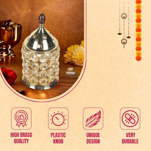 Klassic Decor Brass and Crystal Horizontal Shape Akhand Diya/Table Deepak/Oil Lamp with Plastic knob, Small Size (Pack of 1, Golden) - Image 5