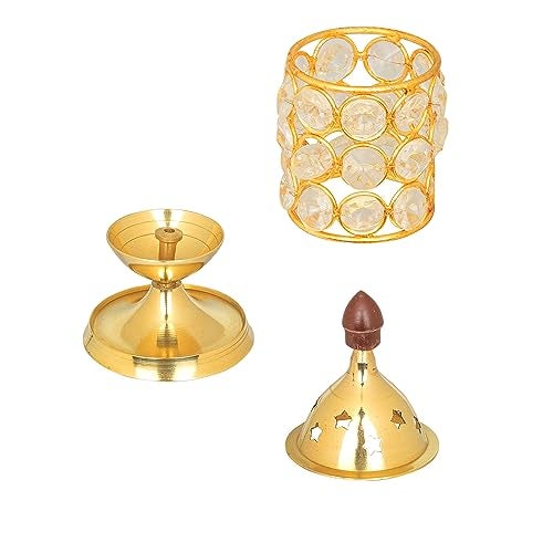 Klassic Decor Brass and Crystal Horizontal Shape Akhand Diya/Table Deepak/Oil Lamp with Plastic knob, Small Size (Pack of 1, Golden) - Image 2
