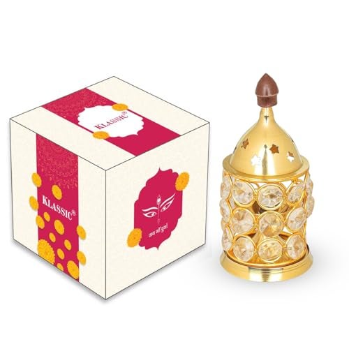 Klassic Decor Brass and Crystal Horizontal Shape Akhand Diya/Table Deepak/Oil Lamp with Plastic knob, Small Size (Pack of 1, Golden) - Image 1