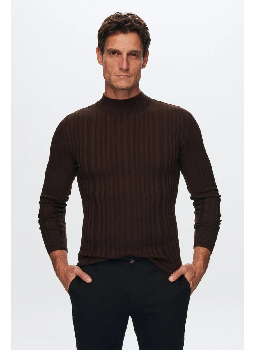 D'S DAMAT Slim Fit Brown Corduroy Cotton Blend Half Turtleneck Slim Fit Body-hugging Knitwear Sweater 5HF06ORT64100