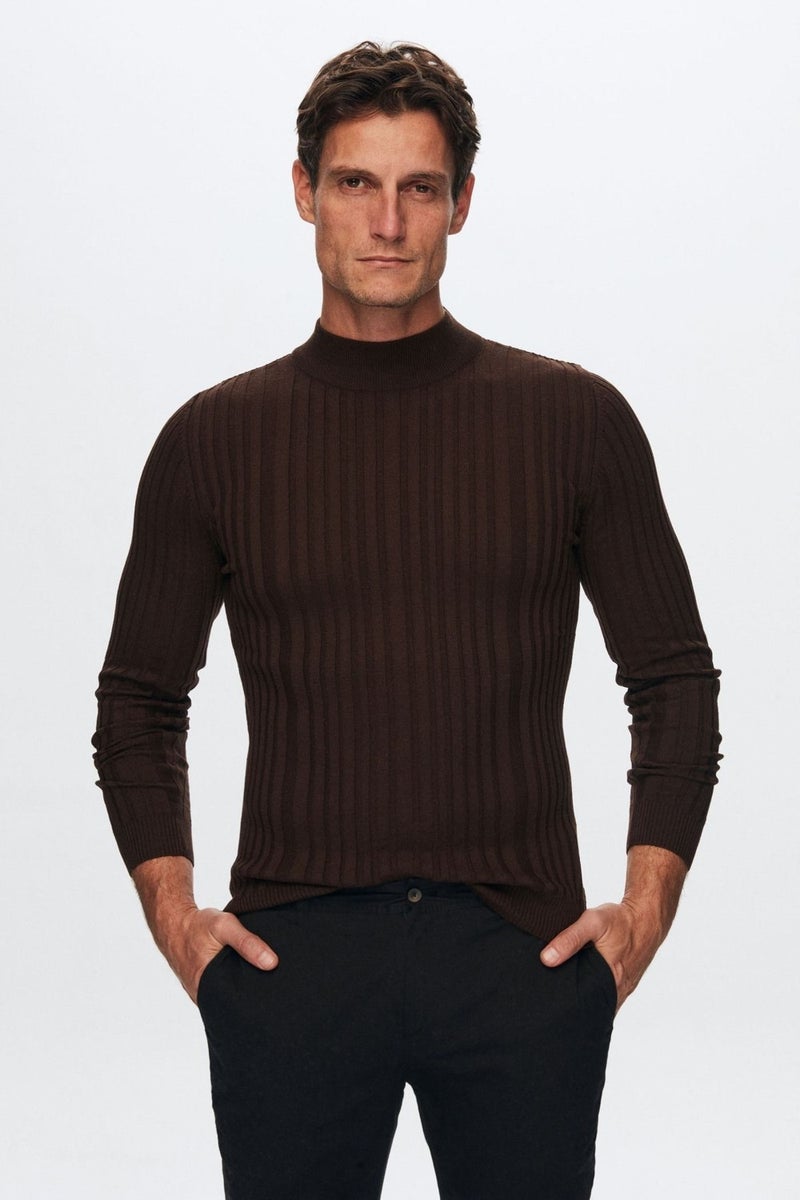D'S DAMAT Slim Fit Brown Corduroy Cotton Blend Half Turtleneck Slim Fit Body-hugging Knitwear Sweater 5HF06ORT64100  - Image 1
