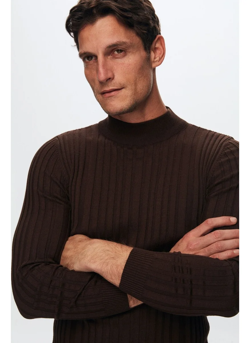 D'S DAMAT Slim Fit Brown Corduroy Cotton Blend Half Turtleneck Slim Fit Body-hugging Knitwear Sweater 5HF06ORT64100