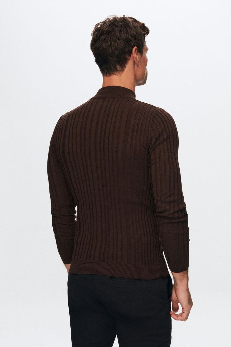 D'S DAMAT Slim Fit Brown Corduroy Cotton Blend Half Turtleneck Slim Fit Body-hugging Knitwear Sweater 5HF06ORT64100  - Image 3