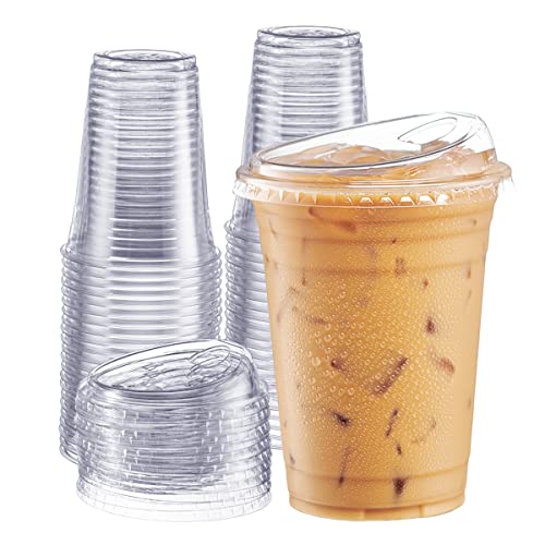 GUSTO Clear Plastic Cups with Lids 16 oz  100 Count  Disposable Iced Coffee Drink Cups with Strawless Sip Lids for Smoothies Juices and More  Formerly Comfy Package