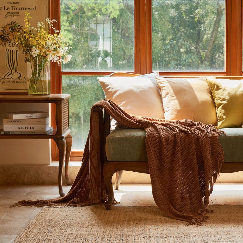lifein Throw Blanket for Couch, Soft Boho Decor Bed Throw,Cozy Brown Knitted Chenille Small Knit Farmhouse Lightweight Throw (Golden,50 * 60") - Image 2