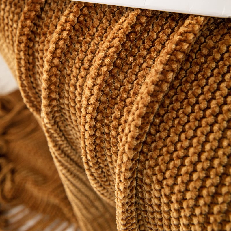 lifein Throw Blanket for Couch, Soft Boho Decor Bed Throw,Cozy Brown Knitted Chenille Small Knit Farmhouse Lightweight Throw (Golden,50 * 60") - Image 5