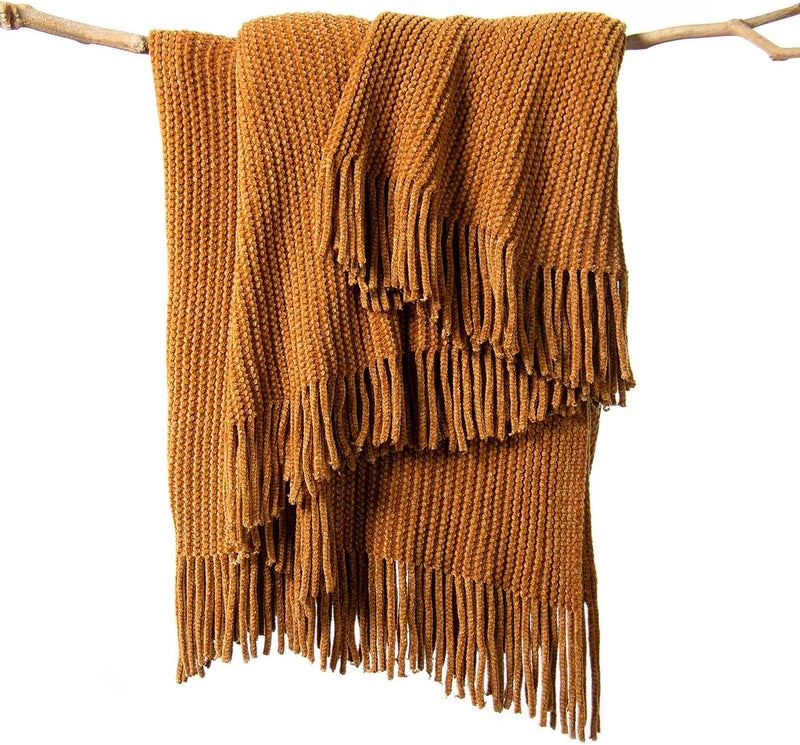 lifein Throw Blanket for Couch, Soft Boho Decor Bed Throw,Cozy Brown Knitted Chenille Small Knit Farmhouse Lightweight Throw (Golden,50 * 60") - Image 1
