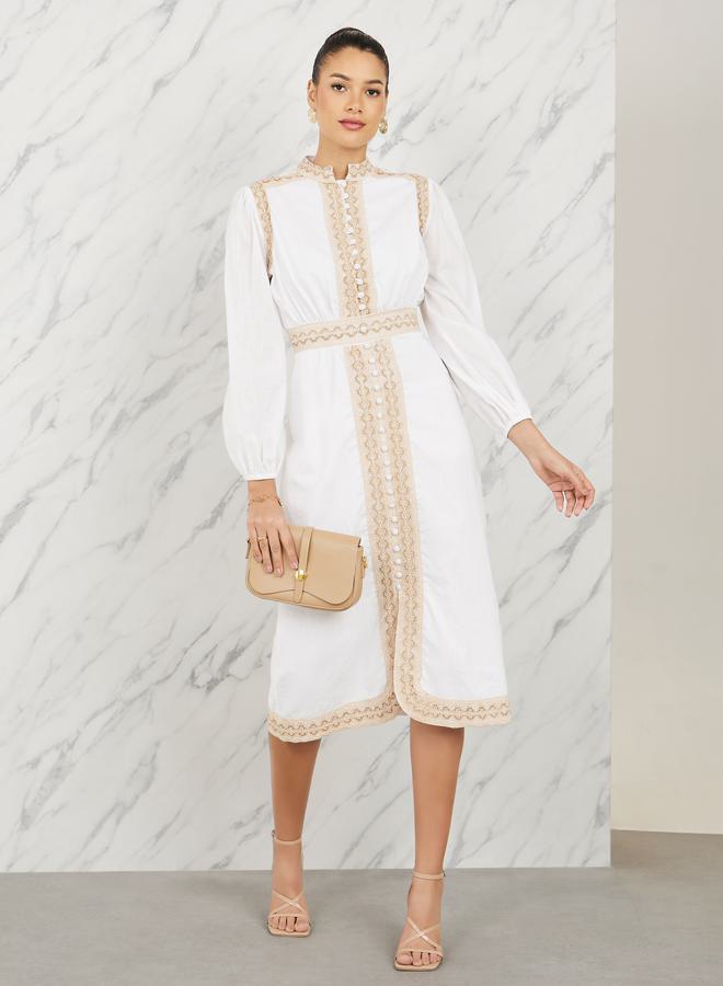 Styli Embroidered Lace Button Loop Closure Midi Dress  - Image 1