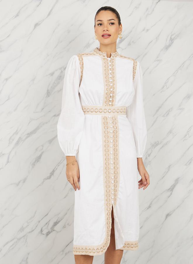 Styli Embroidered Lace Button Loop Closure Midi Dress  - Image 2