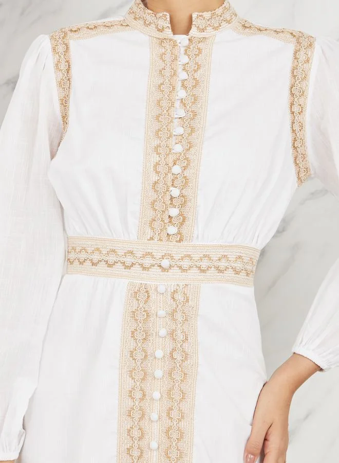Styli Embroidered Lace Button Loop Closure Midi Dress