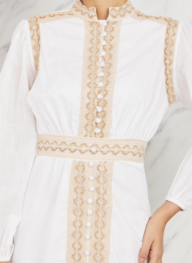 Styli Embroidered Lace Button Loop Closure Midi Dress  - Image 3