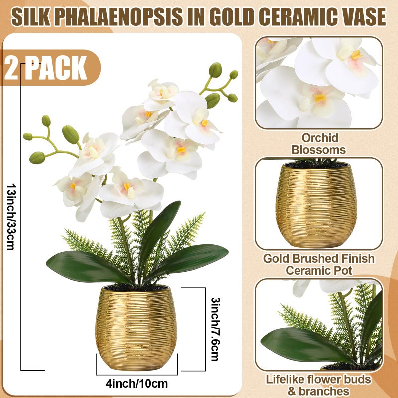 Juinte 2 Pcs Orchids Artificial Flowers in Gold Ceramic Vase 13'' White Fake Flowers Phalaenopsis Faux Orchid for Home Office Wedding Party Dining Room Table Centerpiece Decoration - Image 2