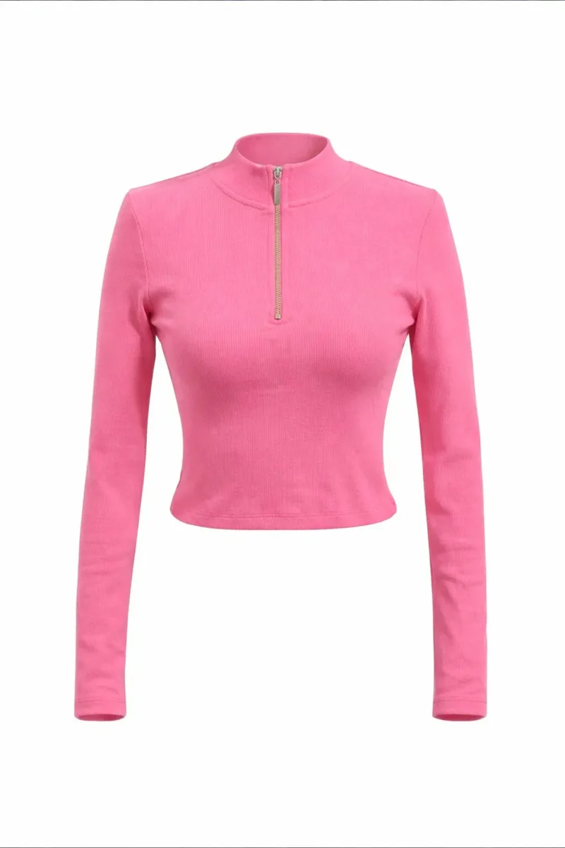 Mixray MIXRAY Women’s Ribbed Zip-Collar Crop Blouse