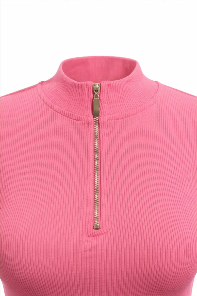 Mixray MIXRAY Women’s Ribbed Zip-Collar Crop Blouse
