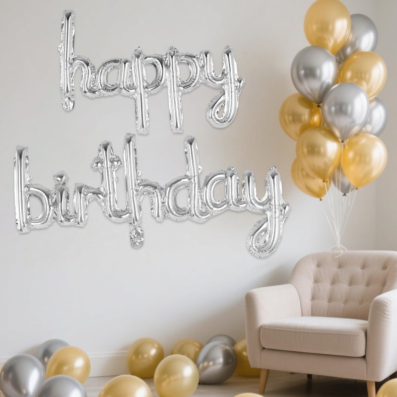 TOTAFAM Silver Happy Birthday Balloons Banner Foil Letters Balloons, Personalized Name Signs for Women Men Boys Girls Birthday Party Decorations, Small - Image 3