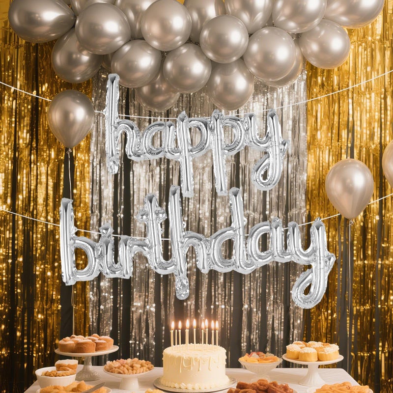 TOTAFAM Silver Happy Birthday Balloons Banner Foil Letters Balloons, Personalized Name Signs for Women Men Boys Girls Birthday Party Decorations, Small - Image 2