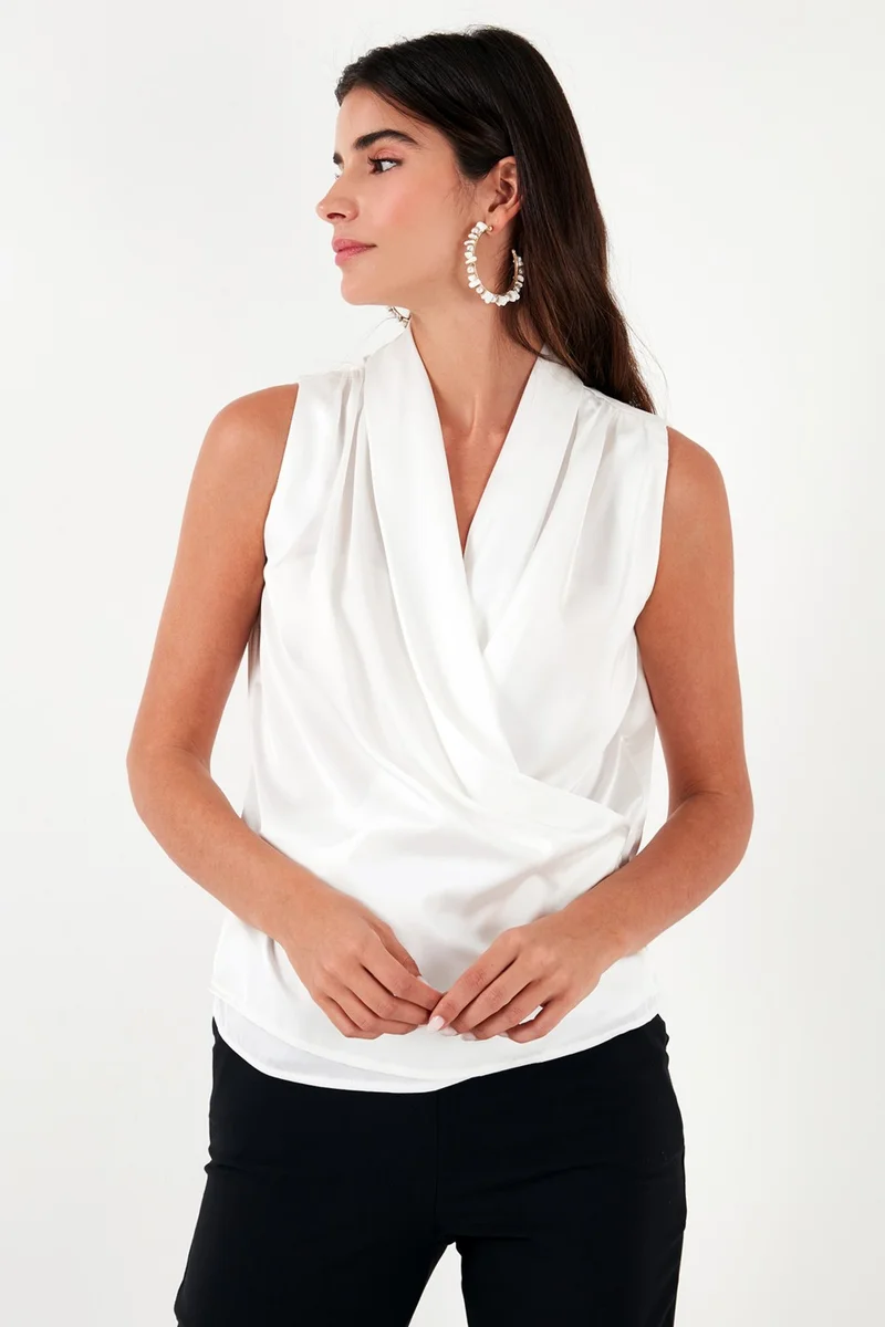 Lela Double Breasted Collar Sleeveless Satin Blouse Women's Blouse 611BZ0341